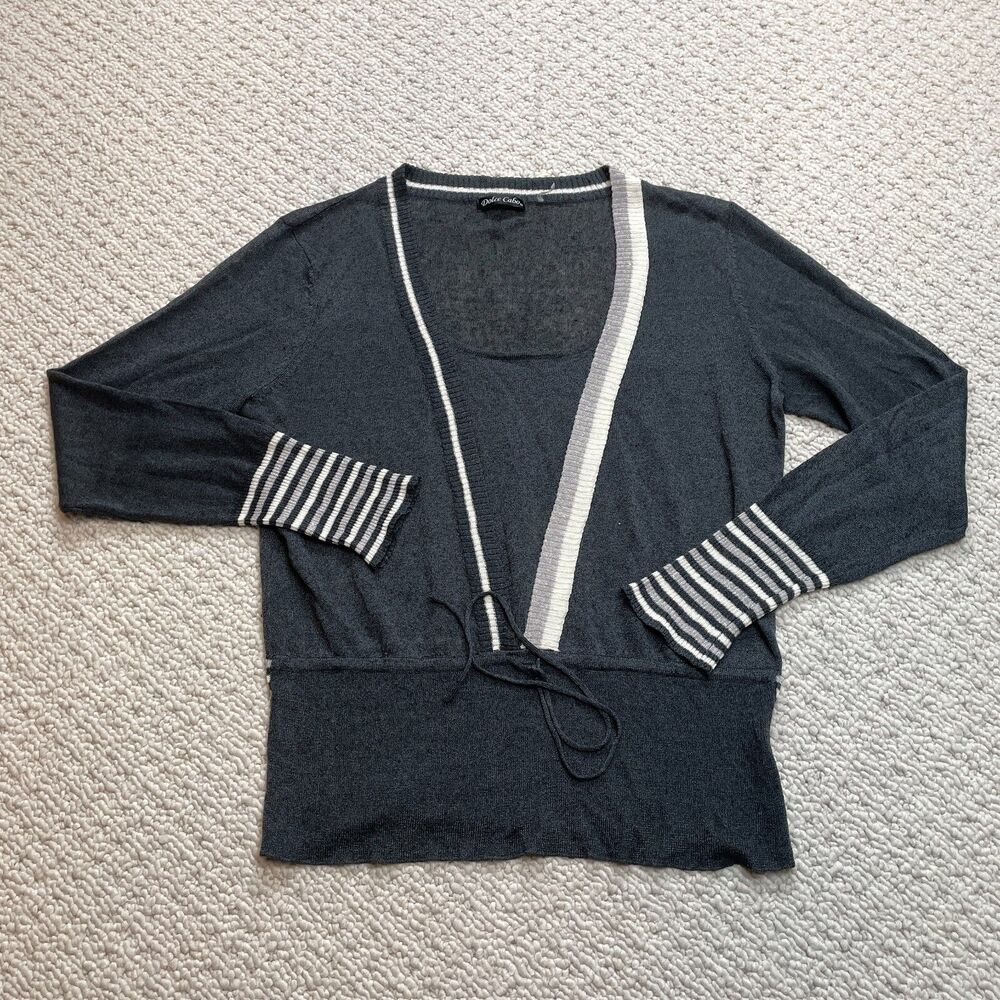 Dolce Cabo Sweater Womens XL Dark Gray and White Striped Drawstring Waist Linen